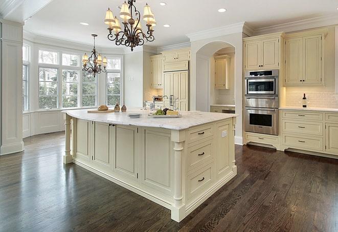 close-up of textured laminate floors in a kitchen in Byron